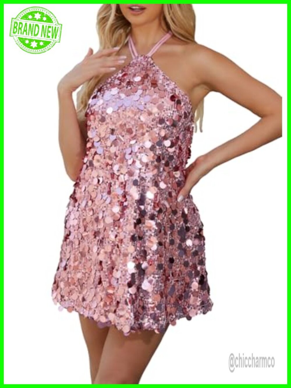Sequin Halter Neck Backless Mini Dress Party Club Sparkly